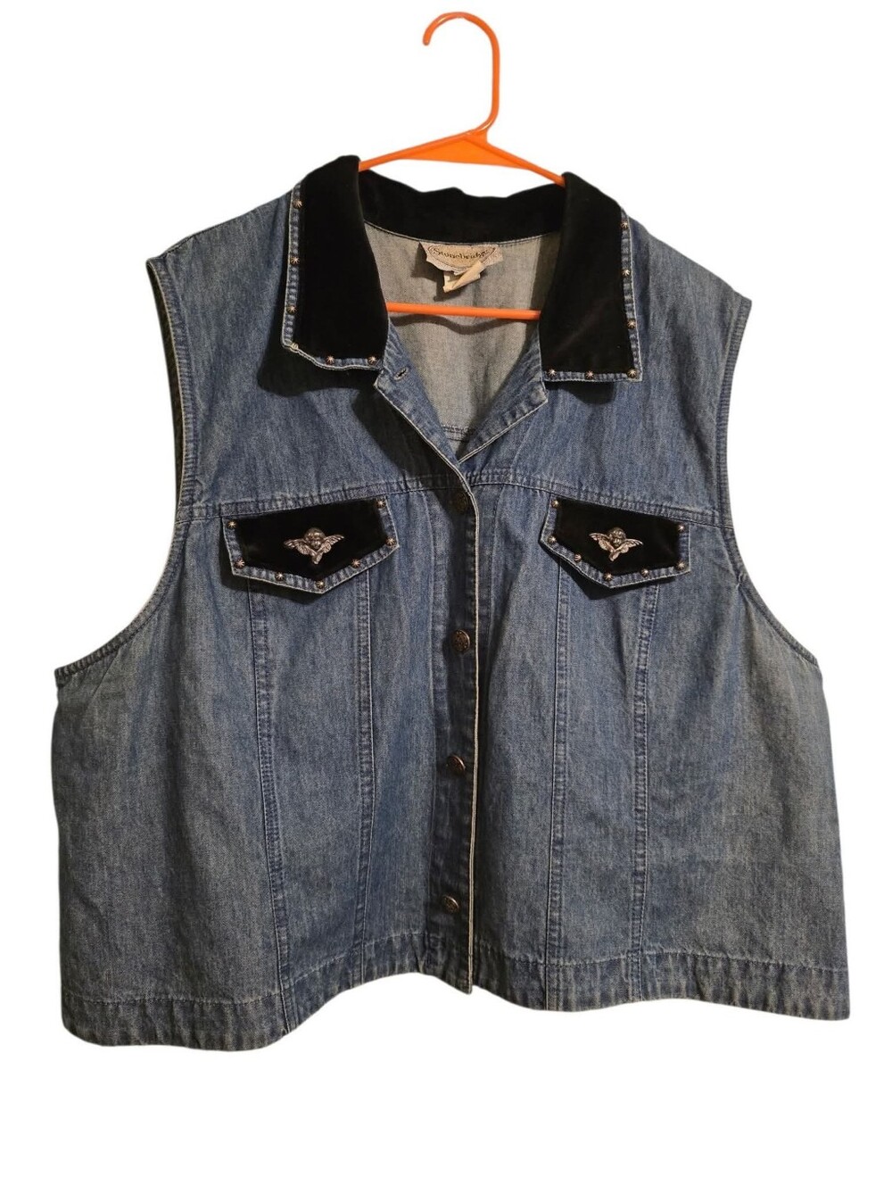 Vintage | Denim Sleeveless Vest with Black Velvet Collar